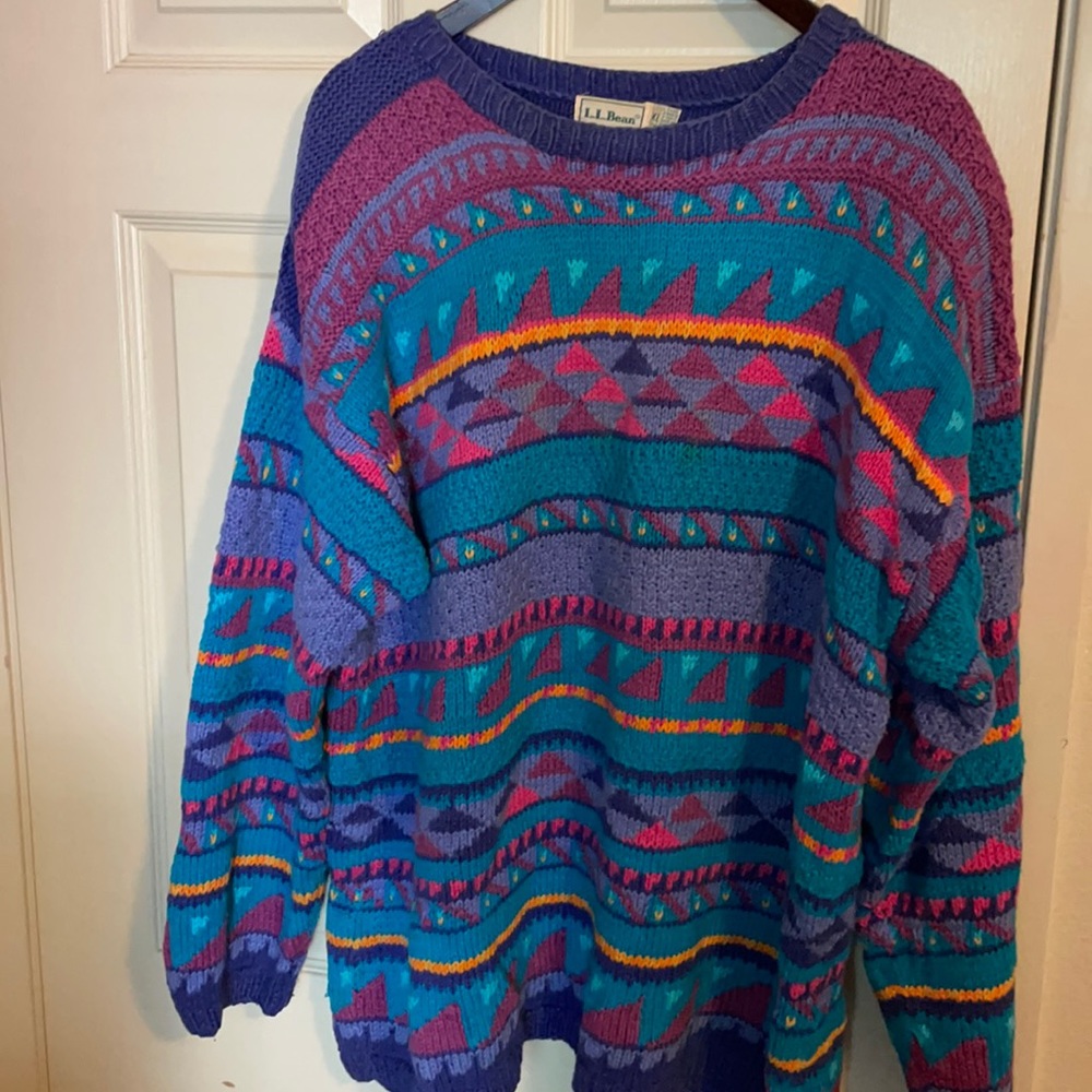 LL Bean Vintage Colorful Geometric Sweater Made in Hong Kong Sz XL Ramie/Cotton